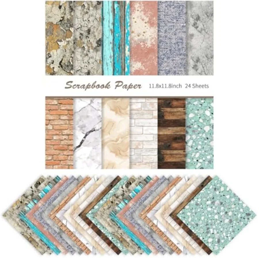 24 Sheets 11.8 x 11.8 Inch Vintage Wood Marble Texture Scrapbook Paper, Double Sided Decorative Craft Paper for Junk Journals,