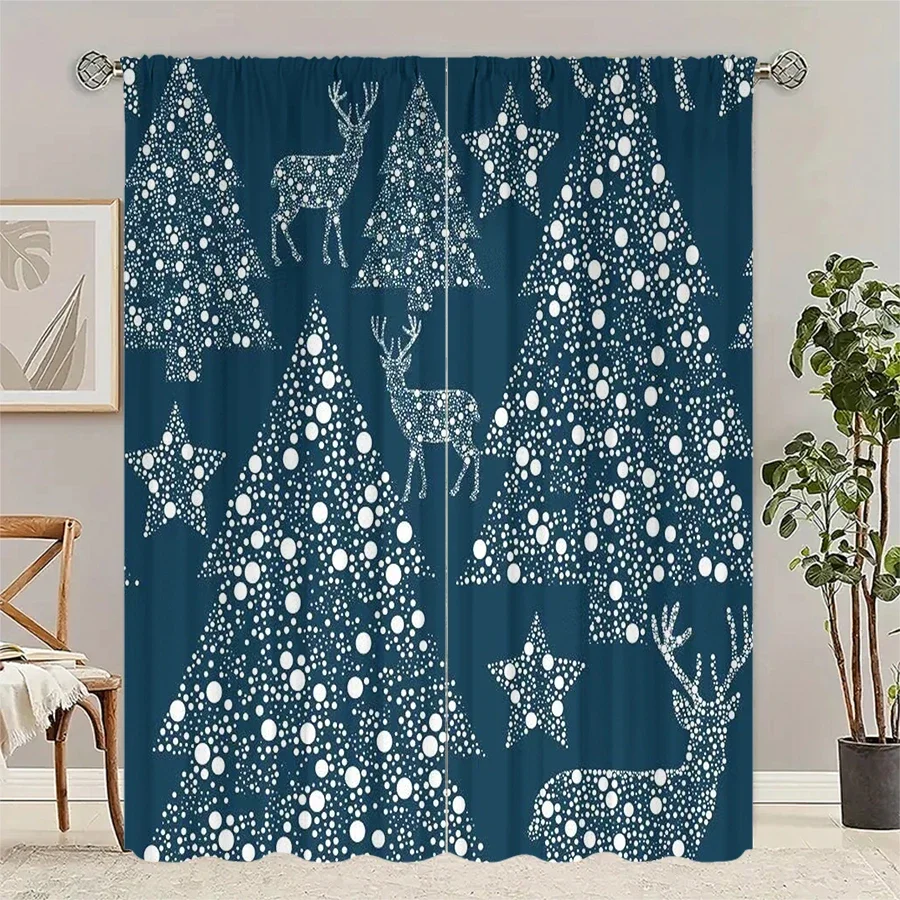 2 PCS - Christmas tree, Christmas snowflake pattern printed curtains, Christmas decorations, home decorations, room decorations
