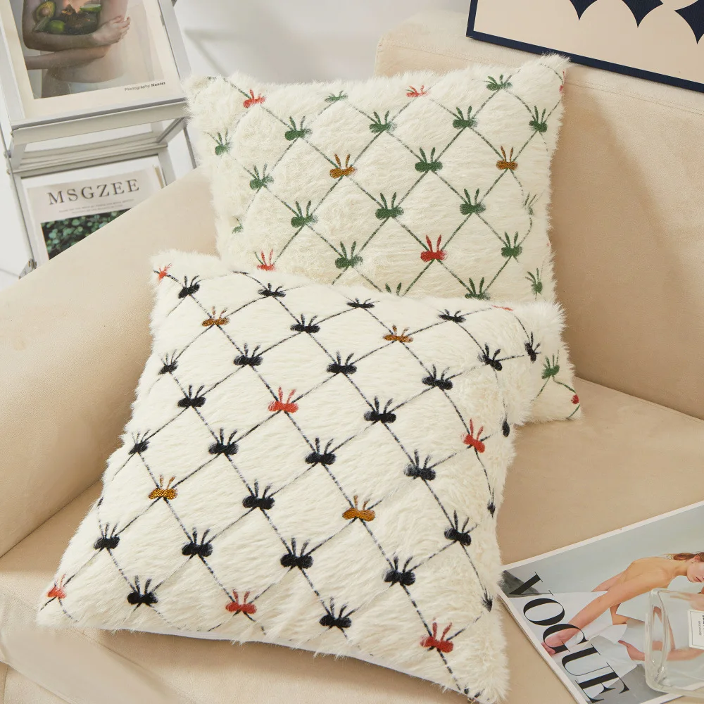 

Plush Stone Pattern Letter Bow Pillowcase Simple Cushion Cover Checkerboard Pattern Geometry Cushion Cover Fundas De Cojines