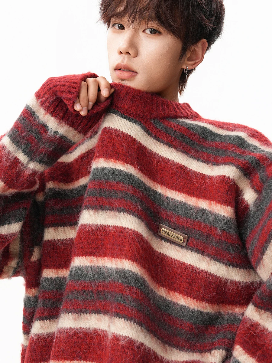 

American Sle round Ne Knitted Sweater Men's Autumn Winter Lazy Feel Stripe Color Blo Retro Red Coat Casual Loose Fit
