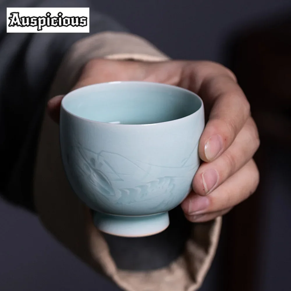 100ml High End Famous Master Handmade Ceramic Teacup Longquan Celadon Master Cup Shrimp Fun High Foot Mug Drinkware Collection