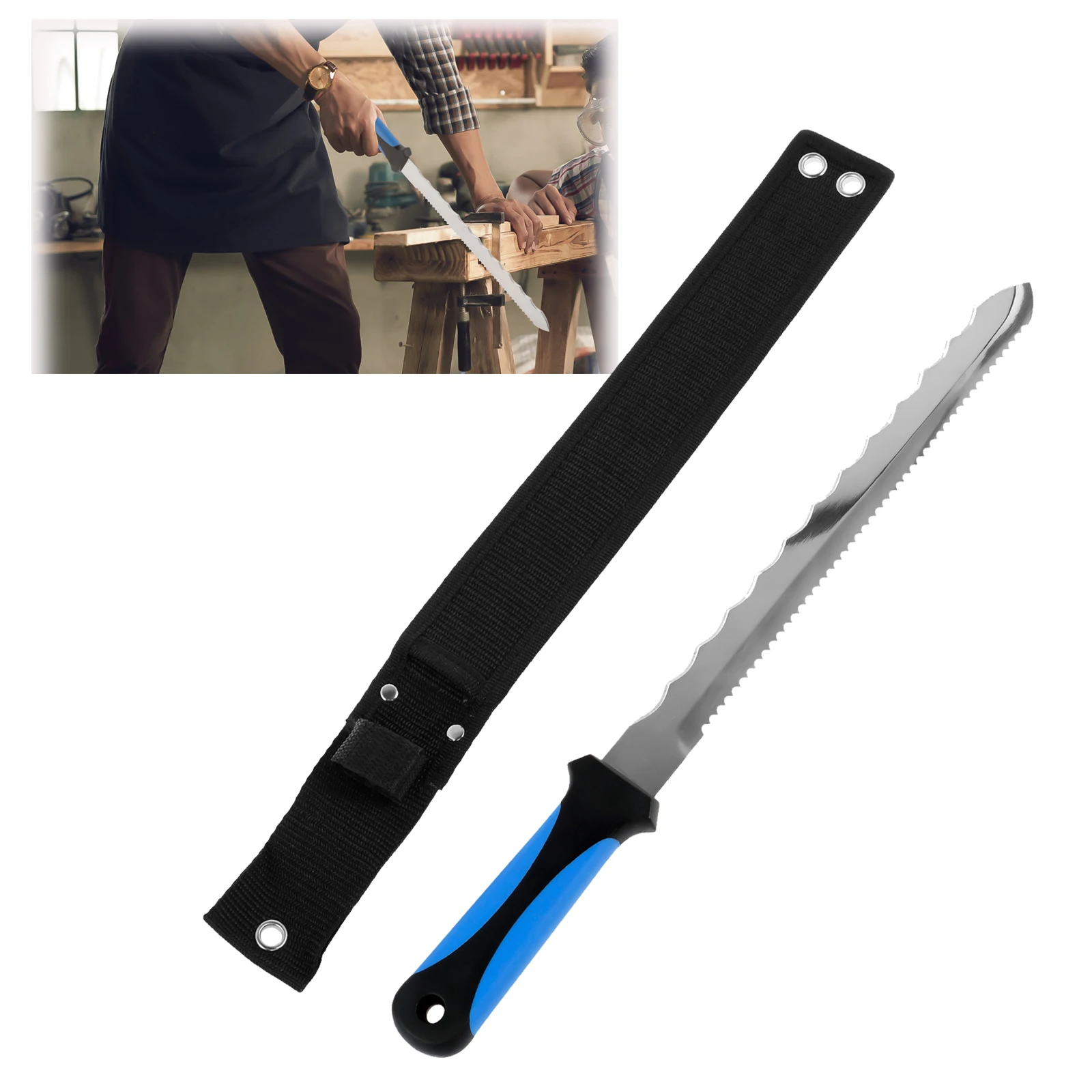 Insulation Knife with Nylon Sheath Stainless Steel Blade Cutter Double Sided Serrated Duct Knife Tool for Cutting Wool Foam