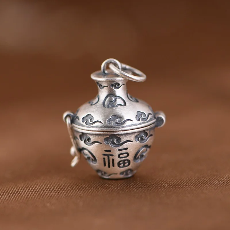 S925 Silver Retro Simplicity Auspicious Clouds Fortune Characters Silver Flower Bottle Gawu Box Pendant Male and Female Gifts