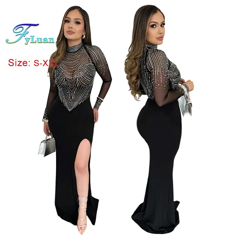Vestido ajustado con dobladillo dividido para niña, vestido de ceremonia con cuello redondo, malla transparente, temperamento Sexy, batas de manga larga, trajes de vacaciones para fiesta de boda y Club