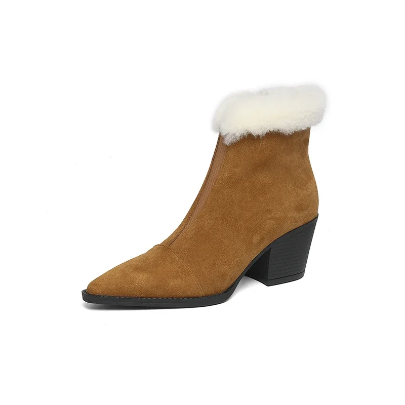 

2023 new winter warm shoes Women ankle boots natural leather 22-25cm cow suede+wool+plush modern boots side zip snow boots