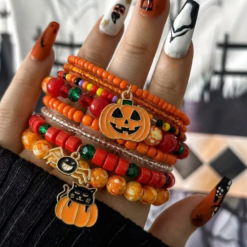 Halloween Multilayer Beaded Stackable Bracelets Set, Gothic Charm