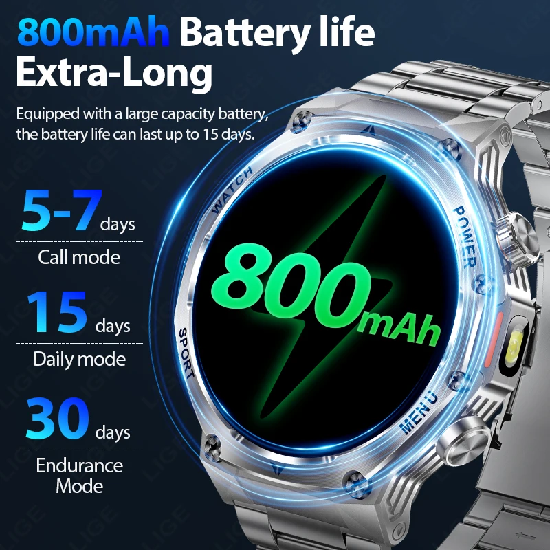 LIGE Steel Smart Watch Men LED Flashlight 800mAh Battery 1.8'' HD Screen Display Heart Rate Bluetooth Call Sport Smartwatch 2025