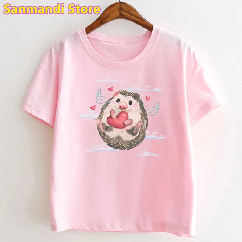 New Sunshine Hedgehog Animal Print Pink Tshirt for Girls Kids Clothes Harajuku Shirt Summer Fashion T Shirt Kawaii Clothing Tops