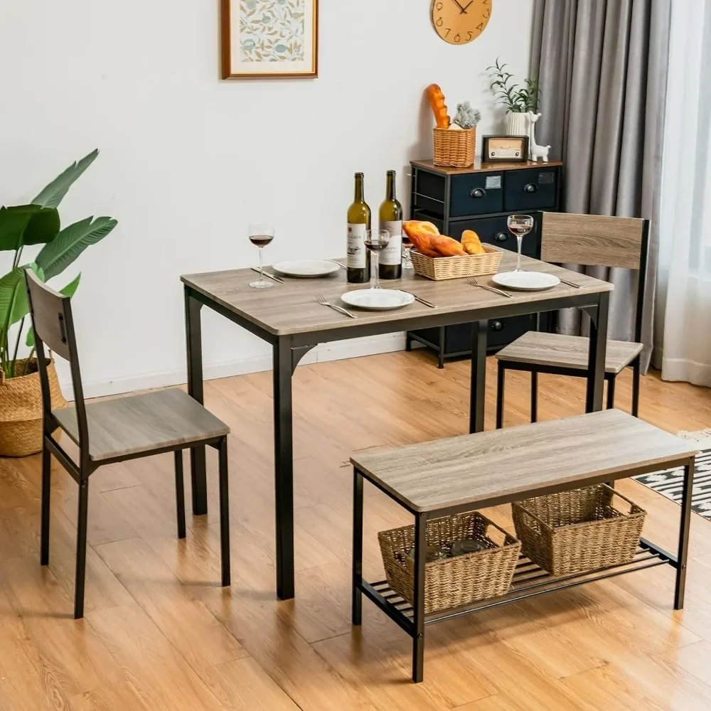 Dining Room Set for 4, Kitchen Table with Bench & Chairs, Industrial Gathering Bench Dining Set with Metal Frame & Storage Rack