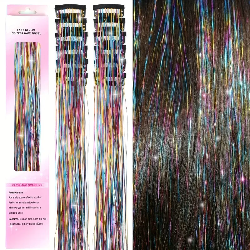 Extensiones de cabello con oropel dorado láser más vendidas, 12 piezas de cabello de arcoíris en caja de colores, peinado de fiesta brillante, accesorios para el cabello