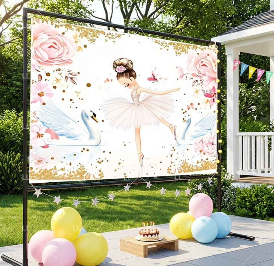 Rosa Ballett-Prinzessin Mädchen Geburtstagsparty-Zubehör Hintergrund Eleganter Edler Schwan Schmetterling Fotografie-Hintergrund Baby-Shower-Dekoration – Detail 2