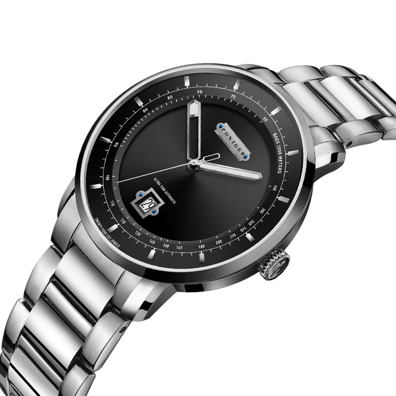 PONIGER تصميم الأزياء الكلاسيكية أعلى العلامة التجارية ميوتا 9015 حركة مضيئة مؤشر ساعات المعصم التلقائية