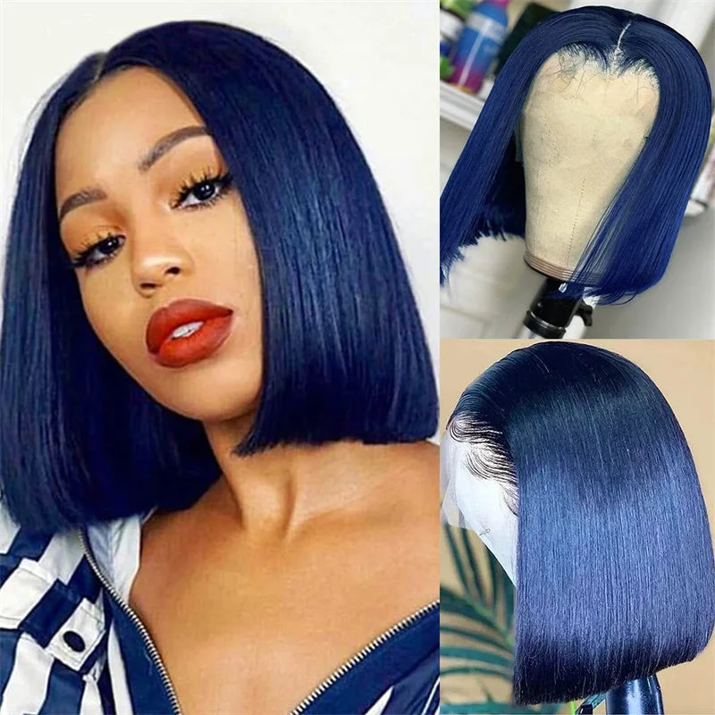 200 Density Short Navy Blue Straight Lace Frontal Wig Pre Colored Human Hair Bob Wig Hunan Hair Straight Short Bob Wigs