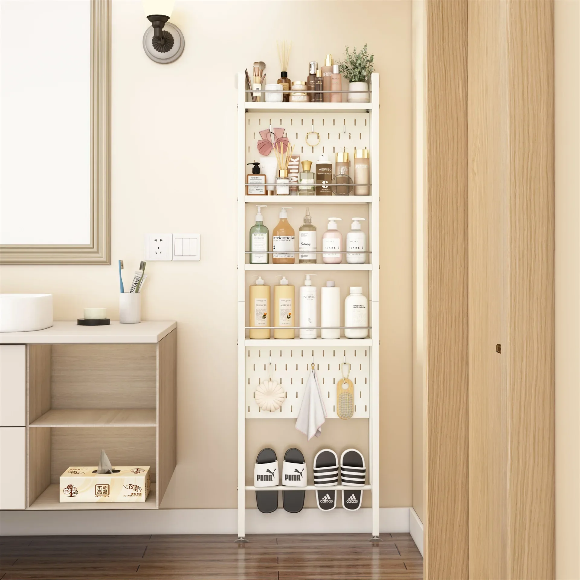 Prateleira do banheiro rack de canto escova de dentes shampoo titular rack produtos de higiene pessoal organização entrada placa perfurada prateleiras armazenamento