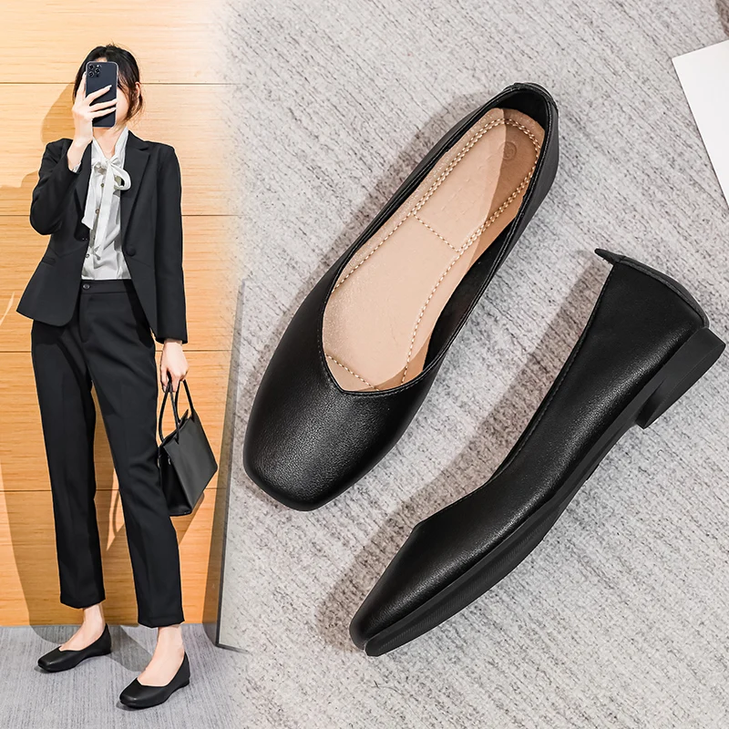 

Flat single shoes female black work shoes Genuine Leather soft sole occupation shallow mouth job interview not tired feet work s