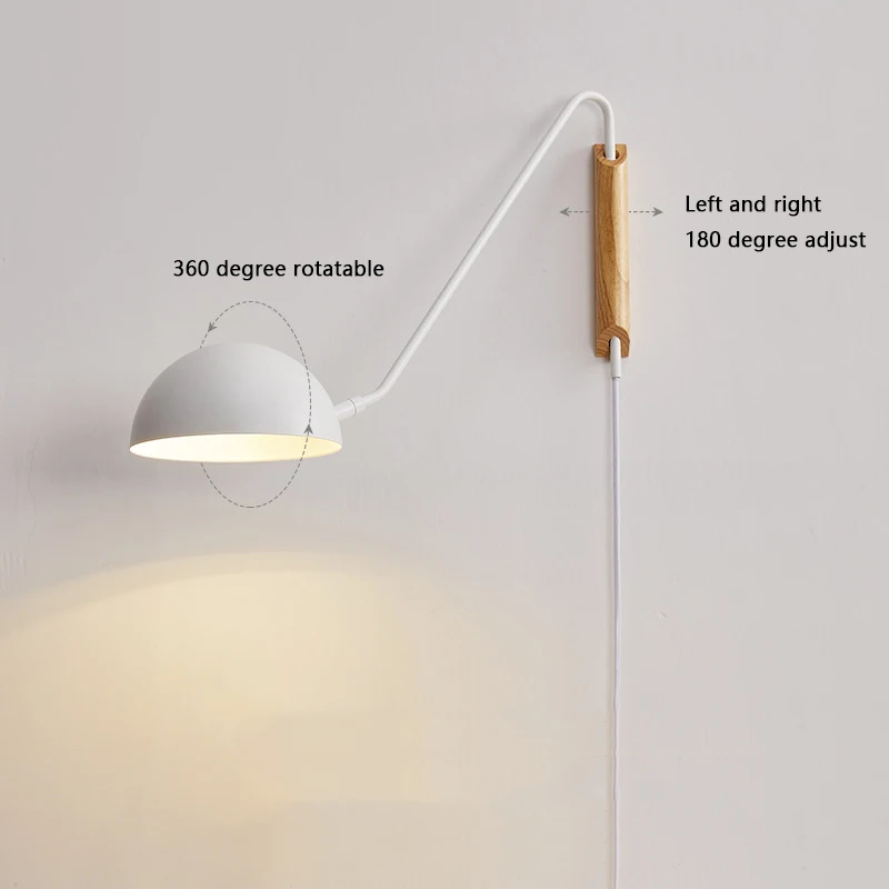 Nordic Bedroom Bedside Wall Lamps Plug In Wall Sconce Black White Iron Lampshade Swing Long Arms Wall Mounted Light E27