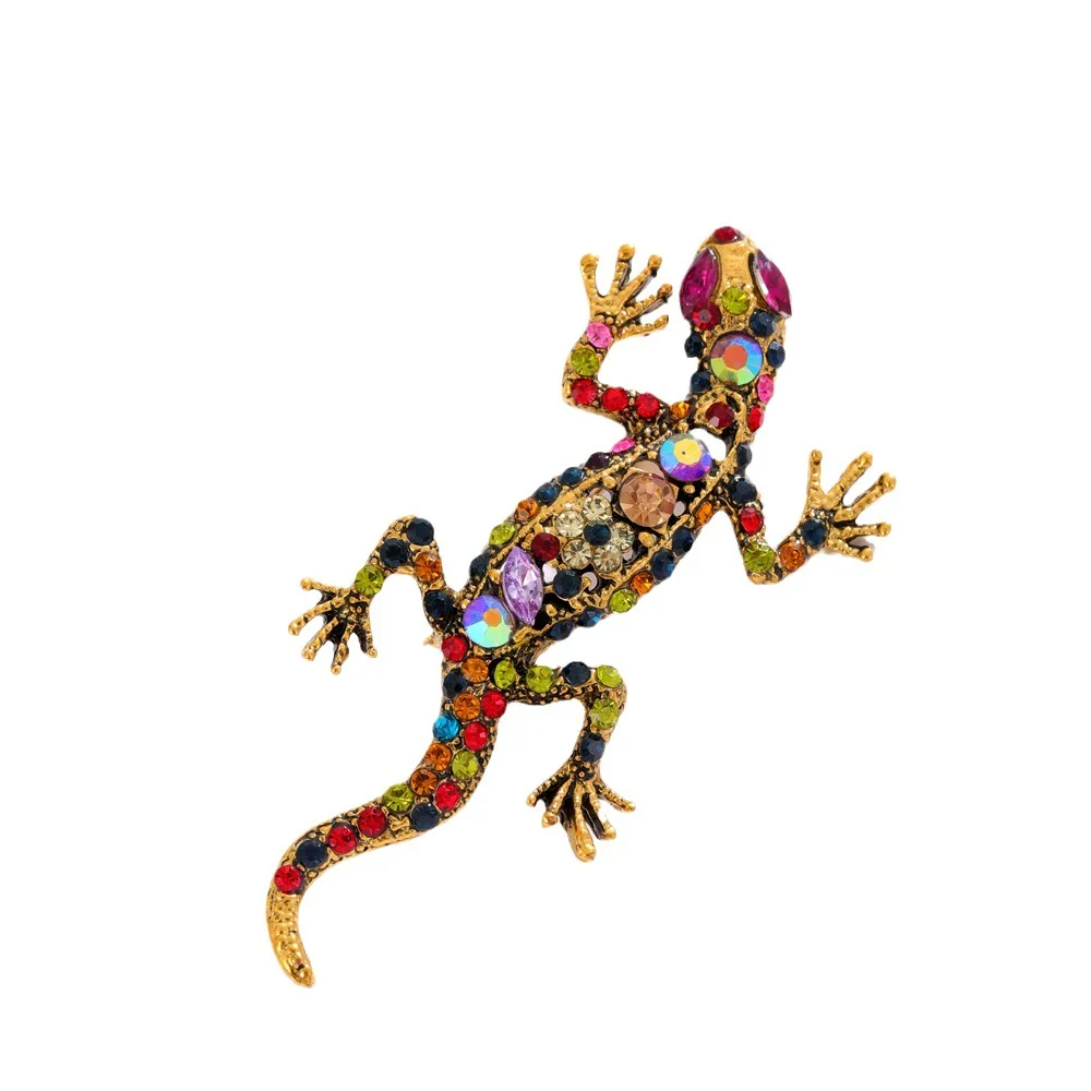 Vintage Colorful Rhinestone Gecko Brooches For Women Men Creative Lizard Animal Brooch Clothing Accessories Pins Luxury Jewelry