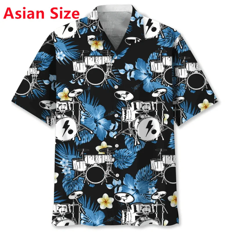 3D Print Drum Musical Instruments Hawaiian Shirts For Men Summer Short Sleeve Button Beach Shirts Blouse Mens Aloha Shirt Tops