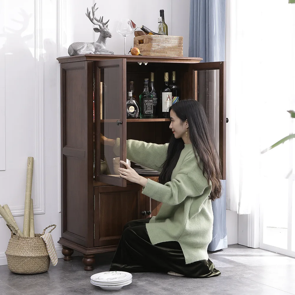 Solid wood wine cooler 3C tempered glass sideboard Xiaomei style simple American small low wine cabinet
