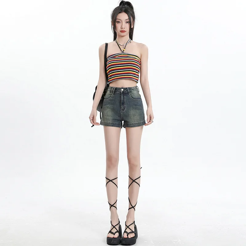 

American Retro Denim Shorts Women's Summer Thin Outer Wear High Waist Tight Elastic A Word Super Short Hot Pants Breathable Cool