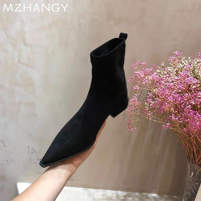 Botines de ante para Mujer, zapatos de tacón, zapatos sexis a la moda con punta en pico, Botas de nieve de tendencia para Mujer, vestido elegante