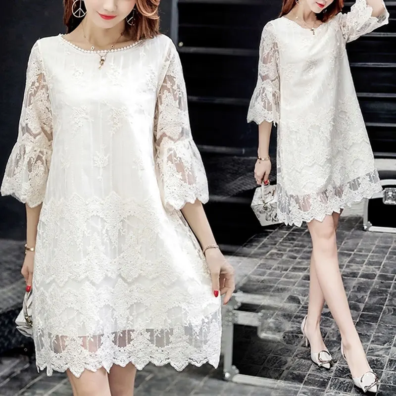 Women\'s Clothing Elegant Lace Patchwork Midi Dress O-Neck Spring Summer 3/4 Sleeve Commute A-Line Fashion Hollow Out Dresses New