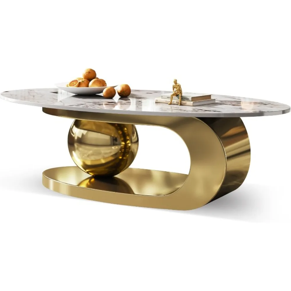 طاولة قهوة رخامية بيضاوية حديثة مقاس 49.2 بوصة - قاعدة من الفولاذ المقاوم للصدأ باللون الذهبي، مقاومة للخدش، سهلة التجميع #1