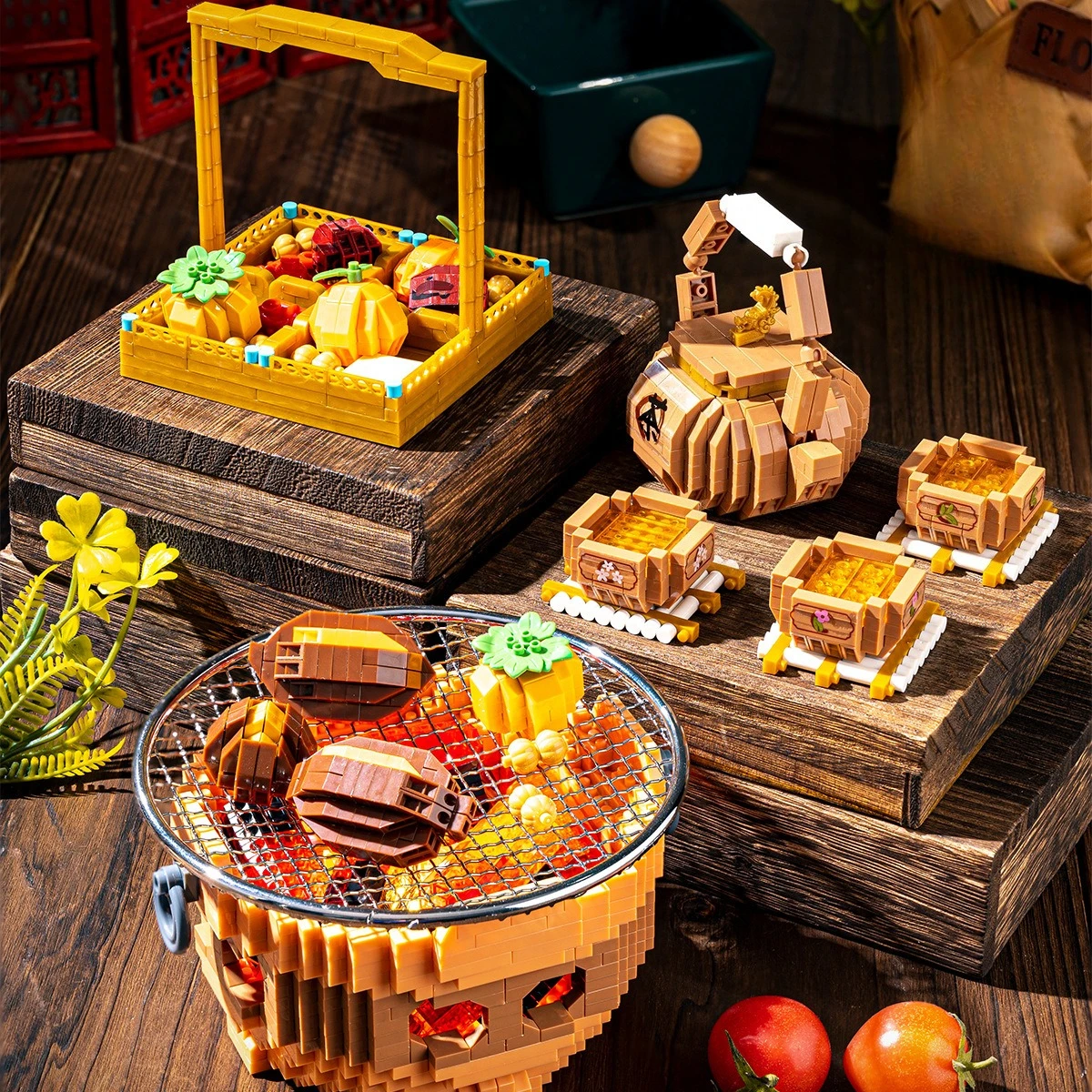 

MOC заварочный чай, фрукты вокруг плиты, набор строительных блоков, стиль пикника, димсам, игрушки для барбекю для детей, подарок на день рождения и праздник