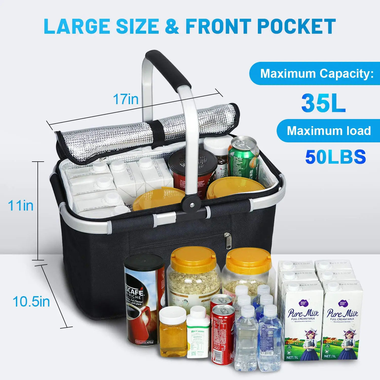 Insulated Picnic Bags Basket Portable Collapsible Grocery Bags Leakproof Cooler Bag Basket With Handle Large Capacity Camping Tr