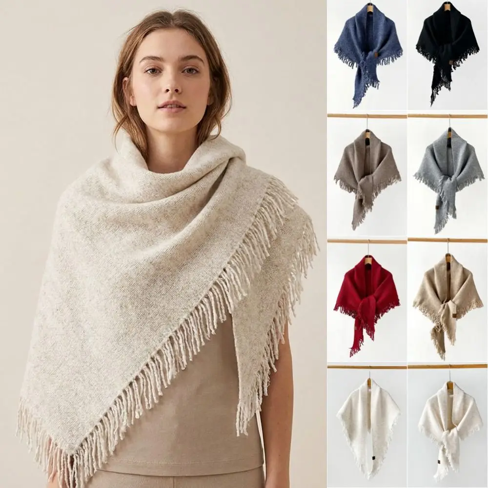 Retro Solid Color Large Triangle Shawl Wool Warm Knitted Scarf Neck Wraps Windproof Large Wraps Vacation