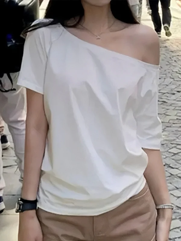 

White oulder Bared Loose Fit ort Sve T irt Women Summer Slimming Concealing Spicy Girl Sli New Sle Casual Cotton