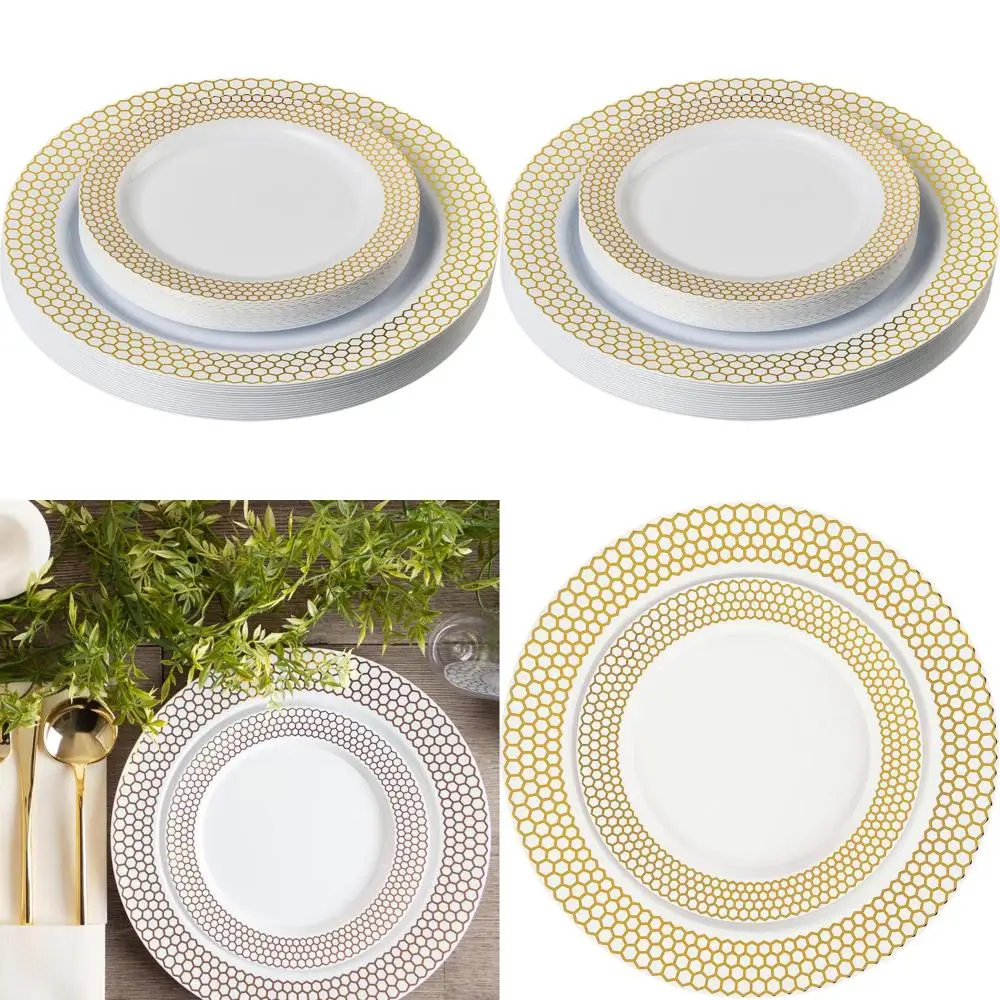 

Elegant 128-Piece Plastic Plate Set: 64 Dinner + 64 Salad Plates with White & Gold Honeycomb Pattern for Parties
