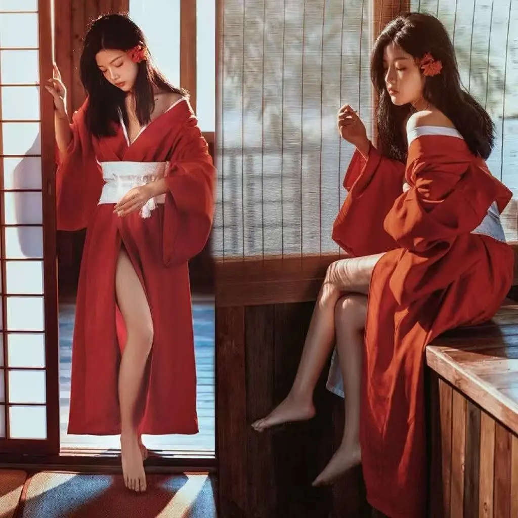 Red Kimono, Girls Traditional Japanese Clothing, Yukata Long Robe , Travel Photography Outfits, Halloween Cosplay, Asian Kimono