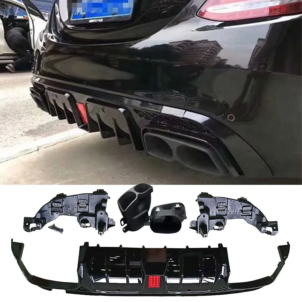 Car Rear Bumper Diffuser Lip Spoiler for Mercedes Benz C-Class W205 C200 C300 C400 C43 C63 AMG 14-19 Diffuser with Exhaust Tips