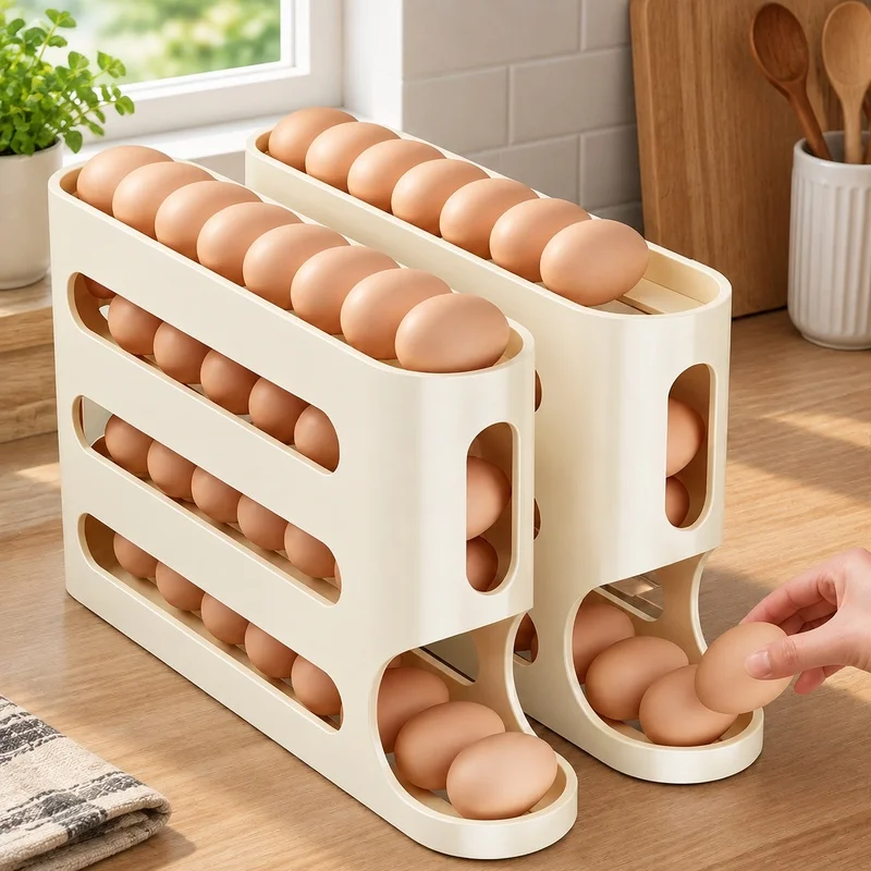 4-Tier Large Capacity Egg Storage Rack for Refrigerator Side Door with Auto-Rolling Design