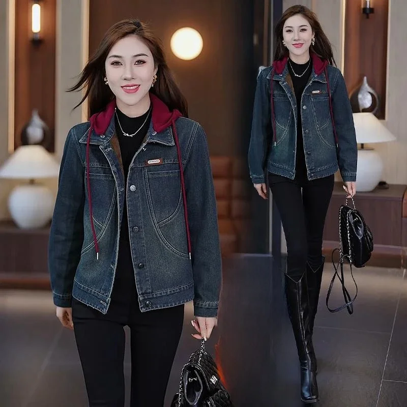 Thiened Fce 후드 데님 재킷 여성 캐주얼 오버사이즈 루즈핏 패셔너블 겨울 2024 신상 다용도 아우터웨어
