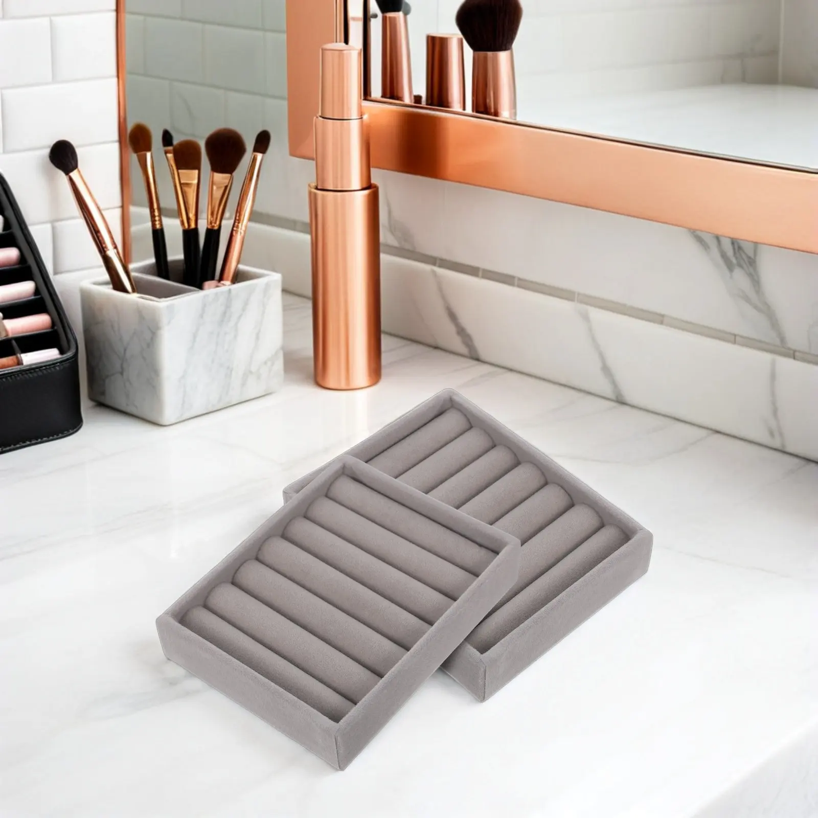 2Pcs Rings Organizer Jewelry Display Tray Soft Lined Storage Box Compact for Travel and Vanity Jewelry Valet Tray