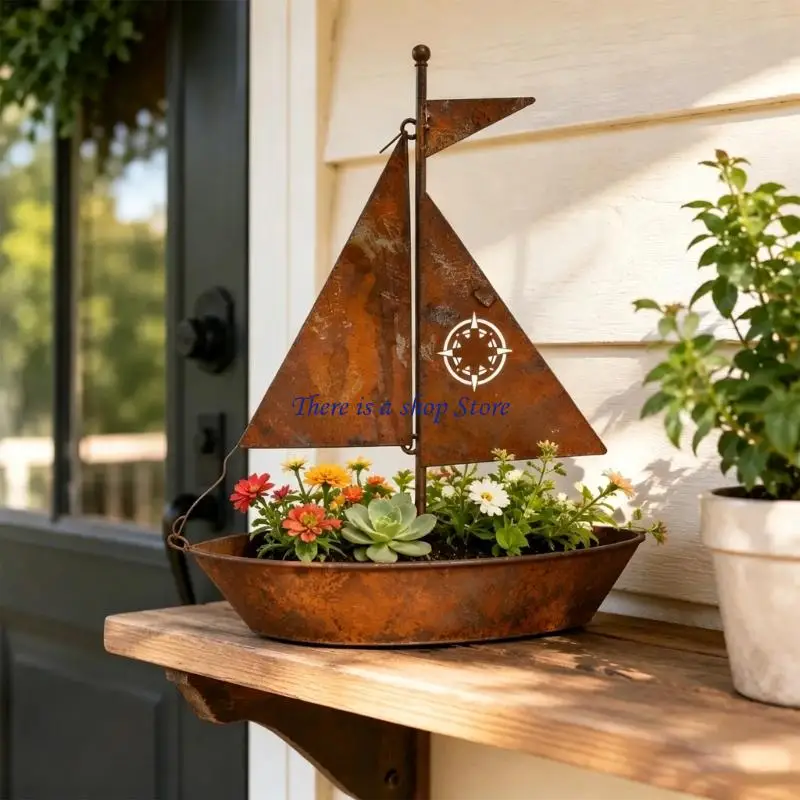 

D0AD Elegant Alloys Sailboats Planter With Rusty Styles Artistic Sailboats Flower Pot For Home Garden Decoration
