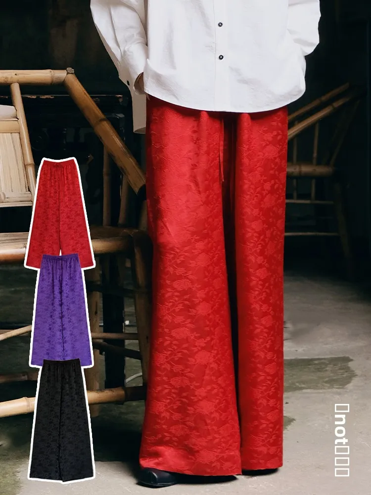 

Silk Khaki Pants Floral Embroidery Straight Leg Wide Leg Pants Elastic Waist Belted Versatile Vintage Autumn Long Pants