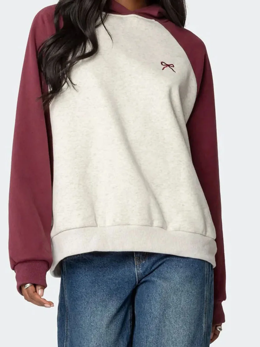 المرأة القوس هوديي كم طويل التباين اللون راجلان الخريف عارضة البلوز مقنعين البلوز