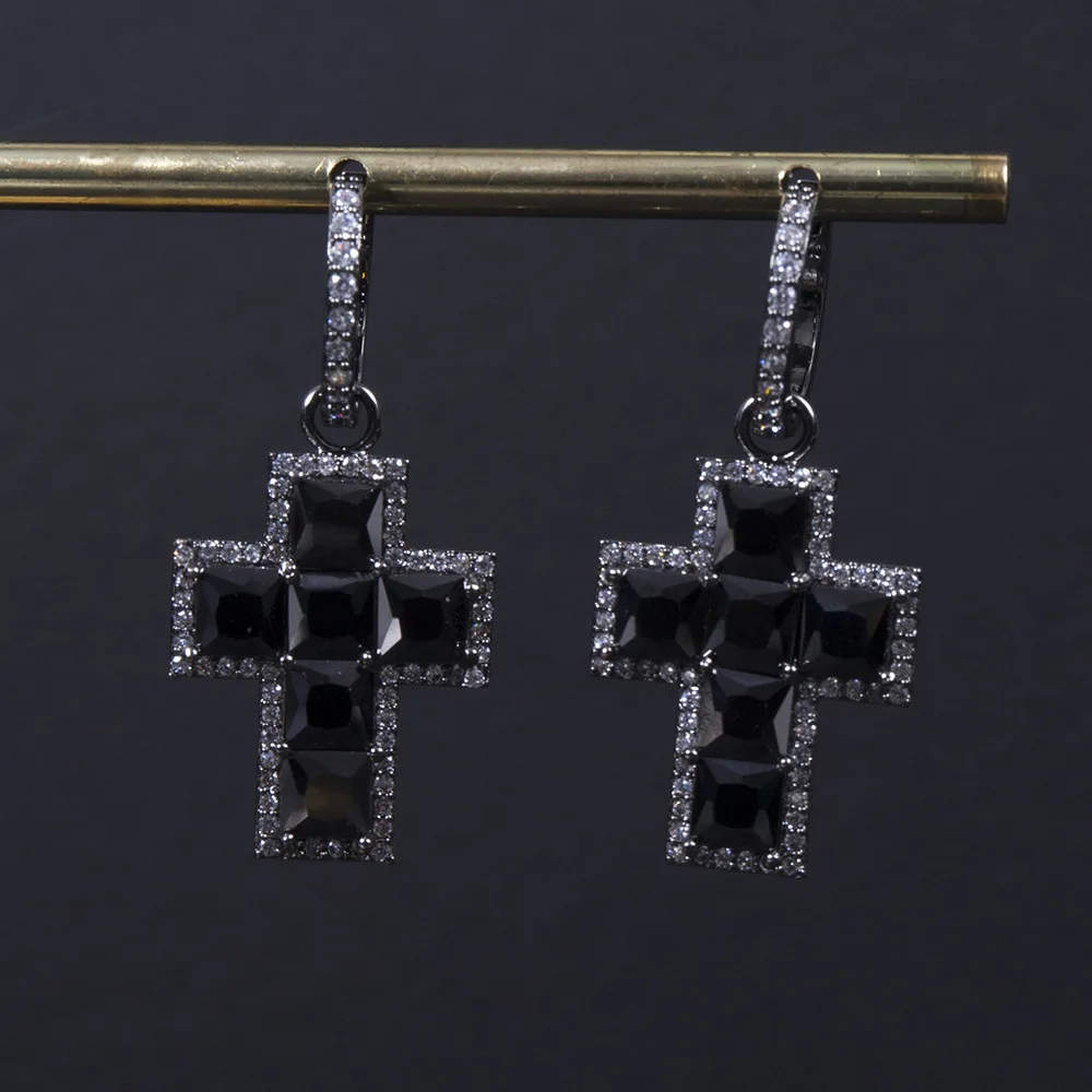 Retro shiny zircon cross earrings trendy ins super flash sweet cool hip-hop punk unisex ear accessory