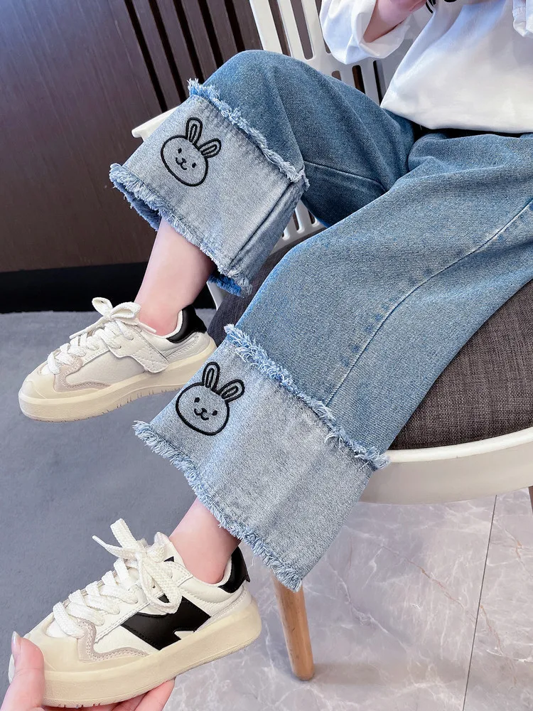

Girls Loose Casual Denim Wide Leg Pants Spring New Korean Sle Baby Spring Clothes Faionable Trousers Trendy Cotton Blend