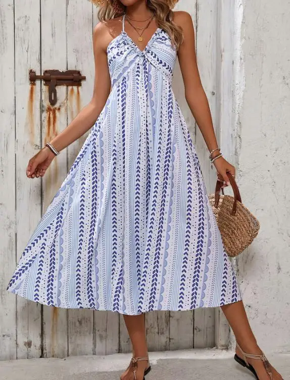 

Women Dress 2026 Loose Geometric Stripe Print In Summer V-Neck Backless Lace Up Neck Hanging Dress Suitable for Beach and Beach
