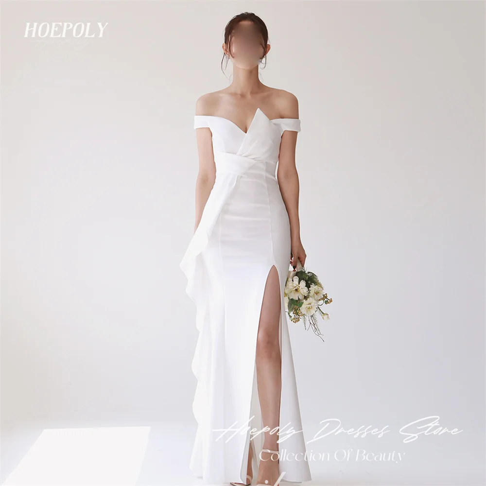 

Hoepoly Pleat Strapless Formal Off The Shoulder Bow Sleeveless Mermaid Evening Dress High Slit Floor Length Prom Gown 프롬드레스