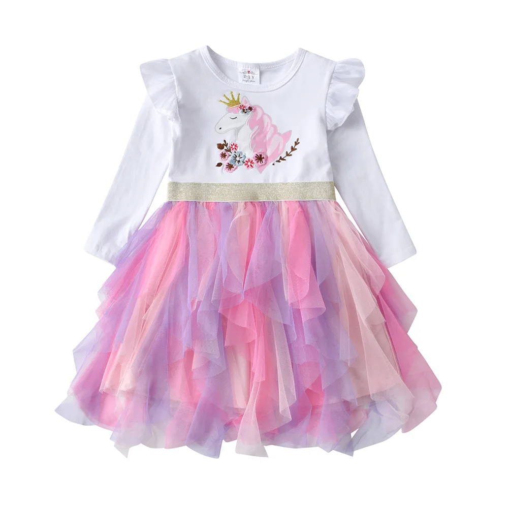 VIKITA Kinder Langarm Herbst Frühling Kleid Mädchen Licorne Blumendruck Cartoon Kleid Mädchen Unregelmäßige Mesh Tüll Prinzessin Kleider – Detail 3