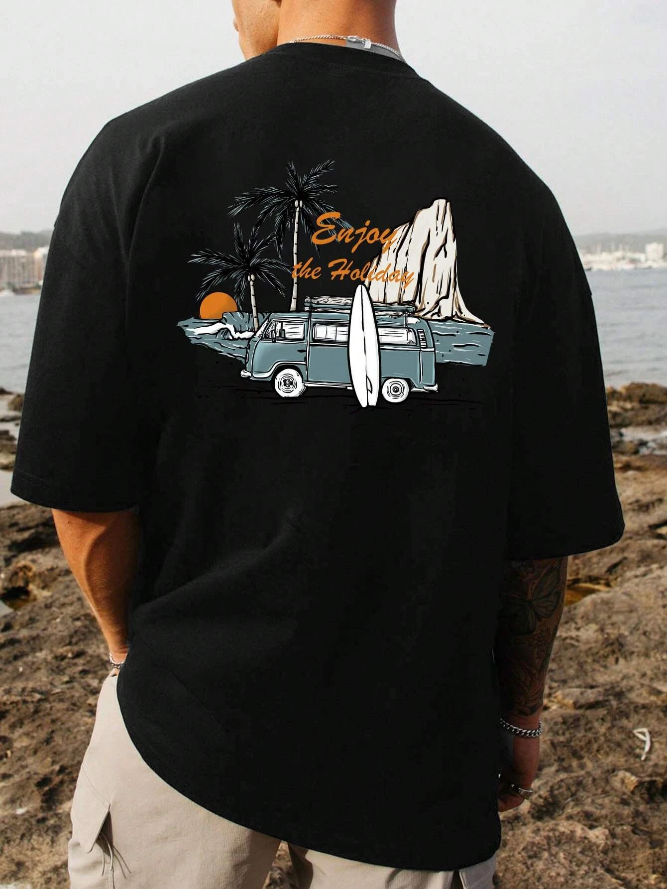 Palm Tree Car Men Cotton T-shirt Luxury Brand Fashion Big Size Top Casual Short Sleeve Streetwear Classic Print New Arrival Tee image 4