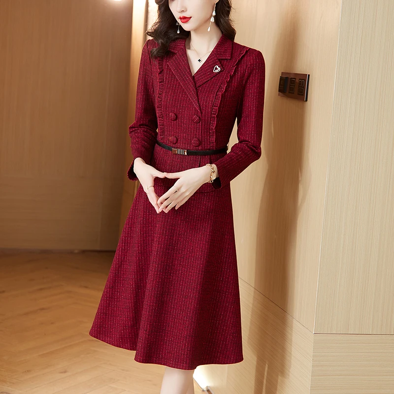 Deep Red French Vintage Suit Dress Women's New Autumn/Winter Waist Fake Two Pieces