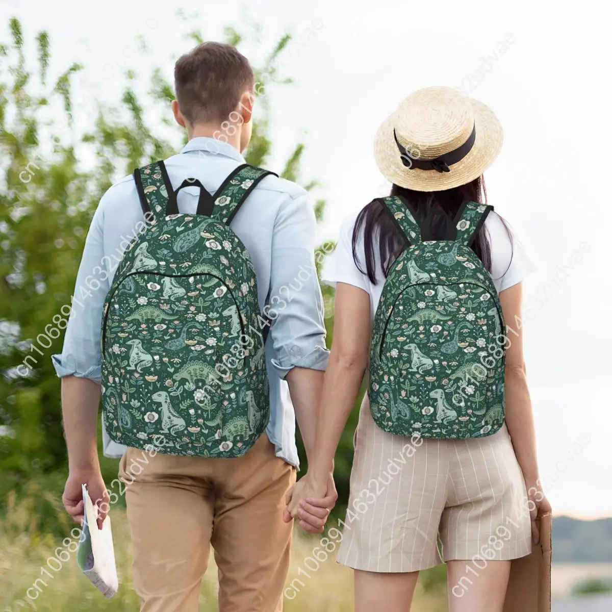 Folk Floral Dinosaur Backpack for Boy Girl Kids Student School Bookbag Cute Dino Green Canvas Daypack Kindergarten Primary Bag
