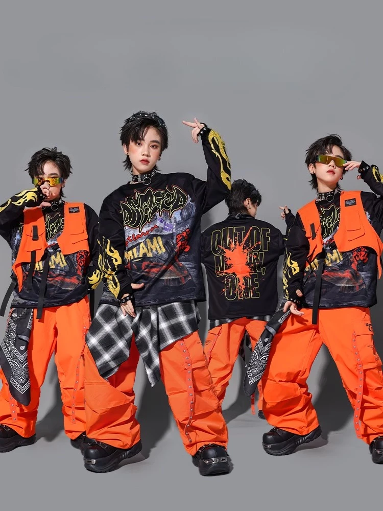 

Толстовка K-pop для мальчиков, оранжевый жилет, брюки-карго, костюмы в стиле хип-хоп для девочек, крутая уличная одежда, одежда для групповых джазовых танцев, сценических выступлений
