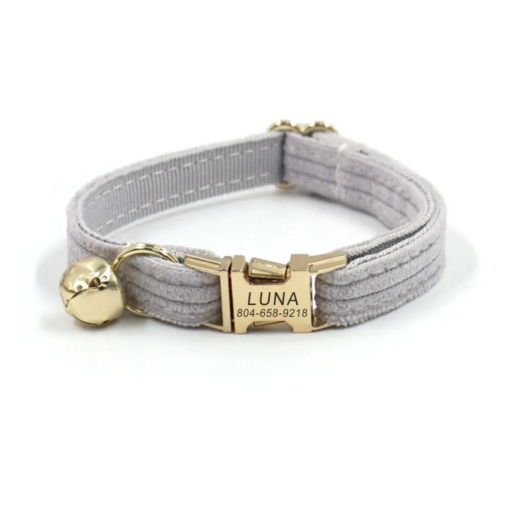 

Personalized Cat Collar Customized Nameplate ID Metal Buckle Adjustable Grey Corduroy Cat Collars with Bell